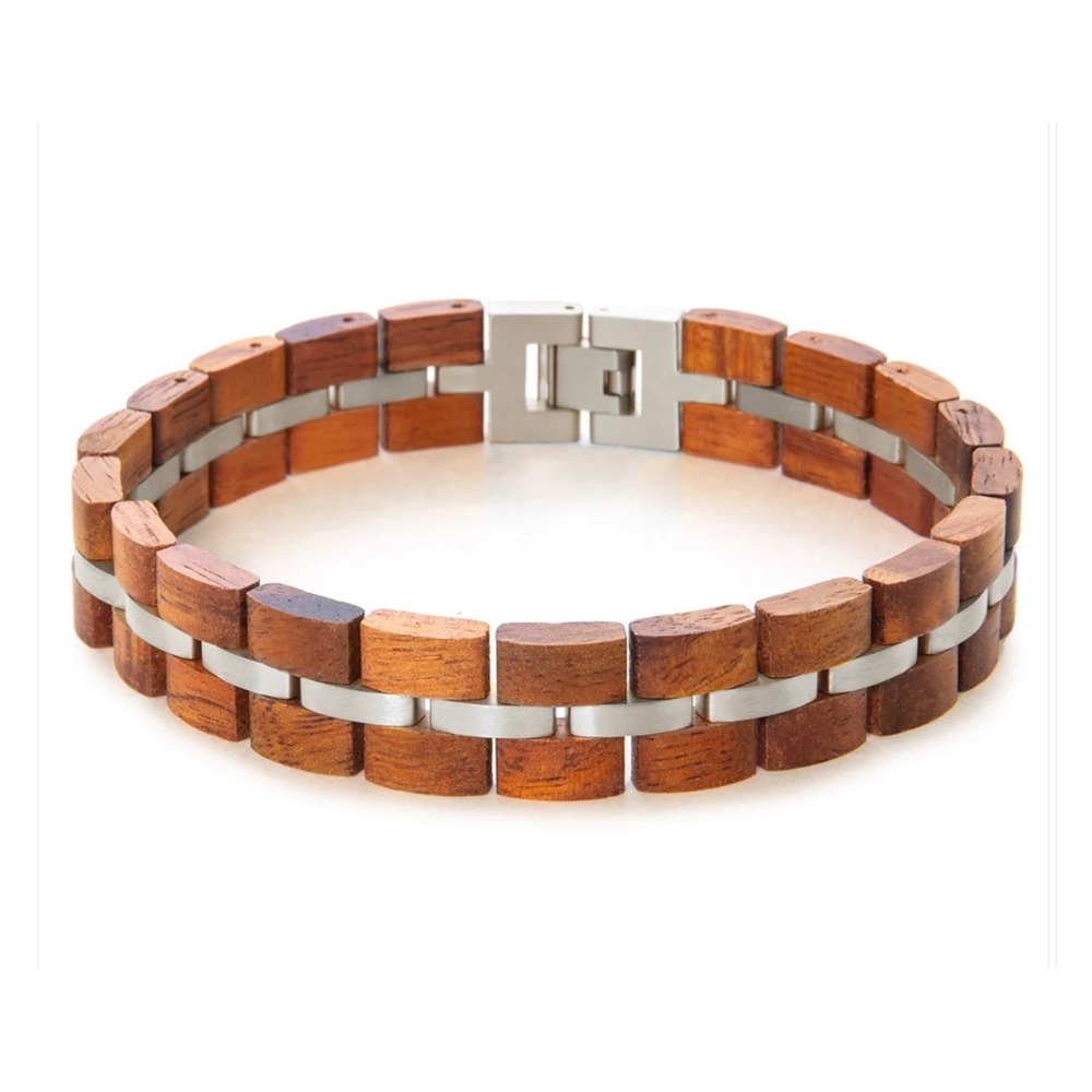 Martin & MacArthur Koa Wood Bracelet Wide Rhodium Plated Hawaiian Men Jewelry